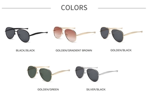 Detail view of five assorted metal aviator sunglasses styles with various lens colors