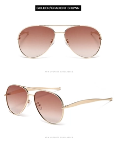 Front and side view of golden aviator sunglasses with gradient brown lenses and metal frame