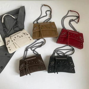 Retro motorcycle style crossbody bag with metal rivets and chain strap in five colors