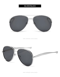Detail view of silver aviator sunglasses featuring premium metal frames and black lenses