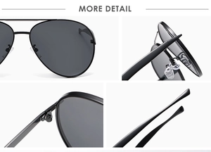 Detail view of black aviator sunglasses showing metal frame hinges and nose pads