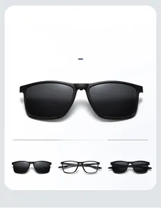 Detail of magnetic clip-on polarized sunglasses with secure snap-on frame mechanism