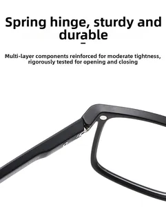 Macro detail of TR90 glasses frame showing reinforced spring hinges and size specs