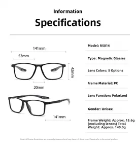 Size chart showing R5014 TR90 magnetic frame dimensions including bridge and temple length