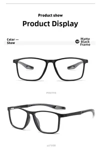 Front and 45-degree angle view of matte black TR90 square glasses frame with hollow temples
