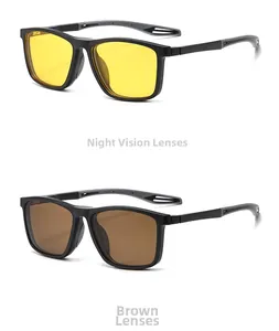 Detail of yellow night vision and brown polarized lenses for TR90 magnetic sunglasses
