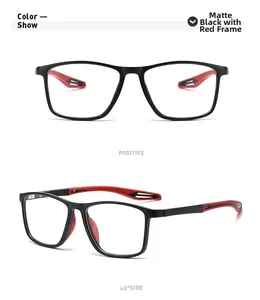 Front and 45-degree side views of TR90 matte black and red rectangular glasses frame