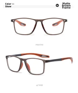 Detail view of matte translucent tea square frames with sporty orange temples