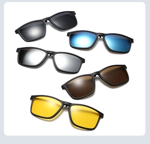 Five magnetic polarized clip-on lenses in various colors for TR90 eyewear frames