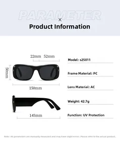 Detailed sizing chart with measurements for wide-frame rectangular retro sunglasses
