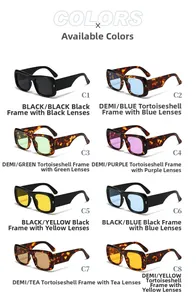 Collage of wide-frame sunglasses with colorful lenses in black and tortoise frames