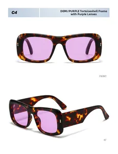 Front and side view of wide tortoise shell frame sunglasses with purple tinted lenses