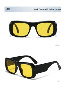 Front and 45 degree angle view of black wide frame sunglasses with yellow lenses