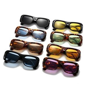Eight pairs of rectangular retro sunglasses in assorted vibrant colors and leopard frames