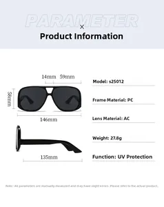 Detailed size specifications for oversize pilot sunglasses with UV protection frame