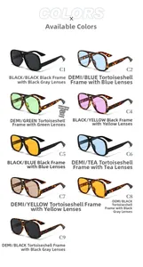 Collage of square aviator sunglasses in nine colors including black and leopard frames