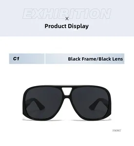 Front view of classic oversized aviator sunglasses in black frame and dark grey lenses