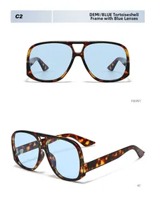Detail view of large tortoiseshell frame sunglasses with blue translucent lenses