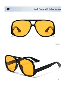 Front and 45-degree angle view of vintage square sunglasses with black frames and yellow lenses