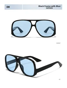 Detail of black aviator sunglasses with blue lenses and double bridge design
