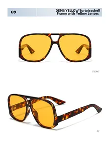 Front and 45-degree views of oversized tortoise shell sunglasses with yellow lenses