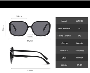 Detailed size chart for black oversized square sunglasses with lens and frame dimensions