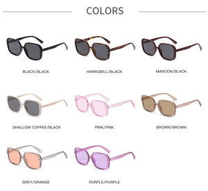 Eight colorful oversized square frame sunglasses shown in a grid against a white background