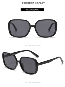 Macro view of oversized black square sunglasses with high-gloss resin frames and lenses