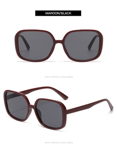 Detailed front and side view of maroon oversized square sunglasses with black lenses