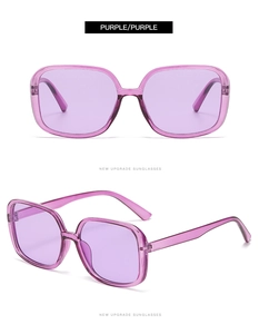 Detailed views of purple oversized square sunglasses with resin frames and metal hinges