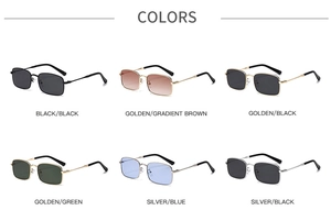 Showcase of six rectangular metal sunglasses in various frame and lens color options