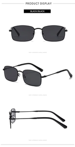 Three-way product display of black rectangular metal sunglasses with dark lenses