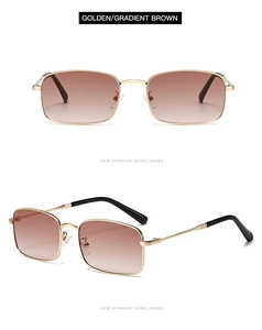 Close-up of golden rectangular sunglasses with gradient brown lenses and metal frame