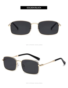 Front and side views of vintage rectangular sunglasses with gold metal frames and black lenses