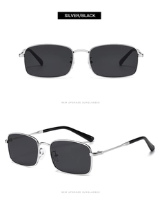 Detail of silver metal frame and black lenses on vintage rectangular sunglasses