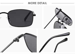 Detailed close-up of metal hinges and soft nose pads on classic rectangle sunglasses