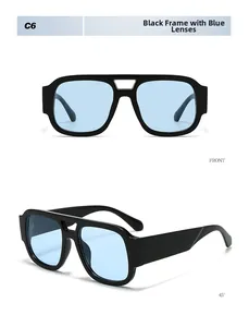 Detailed front and 45-degree views of black frame sunglasses with blue lenses