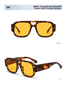 Detail view of demi frame sunglasses with yellow lenses from front and 45 degree angles