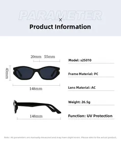 Detailed size chart for black cat-eye sunglasses model s25010 with PC frame dimensions
