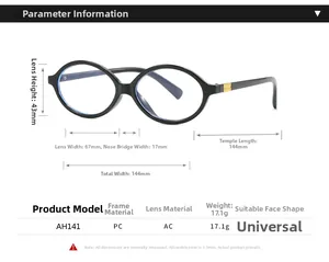 Detailed size specifications for oval black PC frame glasses with AC lenses and measurements