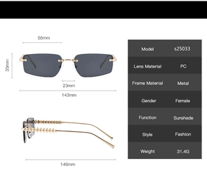 Detailed dimensions of rimless polygon sunglasses with studded gold metal temples