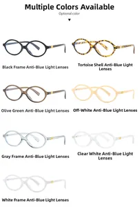 Detail view of oval anti-blue light glasses frames in seven trendy assorted colors