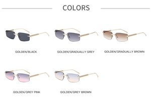Detail view of rimless polygon sunglasses with spiral textured gold metal temples in five colors