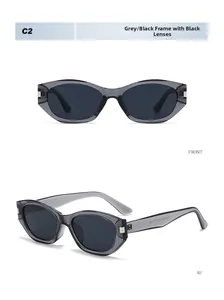 Detailed views of grey translucent geometric sunglasses with dark lenses and gold accents