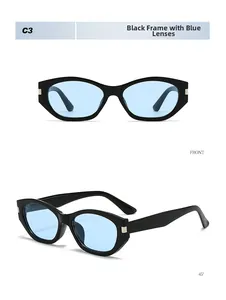 Detailed front and side view of cat eye sunglasses with black frames and blue lenses