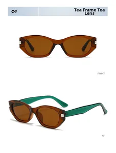 Detail view of tea frame cat eye sunglasses with green contrast temples and tea lenses
