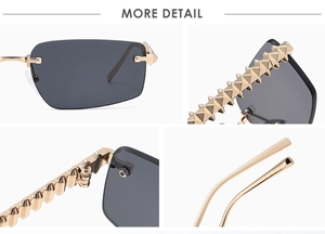 Detail view of rimless polygon sunglasses with golden punk style spiked rivets on metal temples