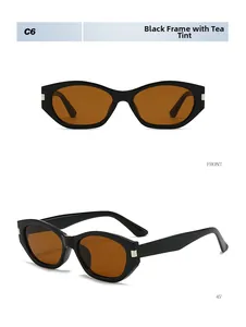 Front and 45-degree side view of black cat eye sunglasses with tea lenses and metal accents