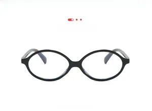 Close-up of black oval frame glasses with specialized anti-blue light protective lenses