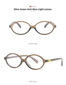 Detail view of olive green oval frames with anti-blue light lenses and golden metal hinges